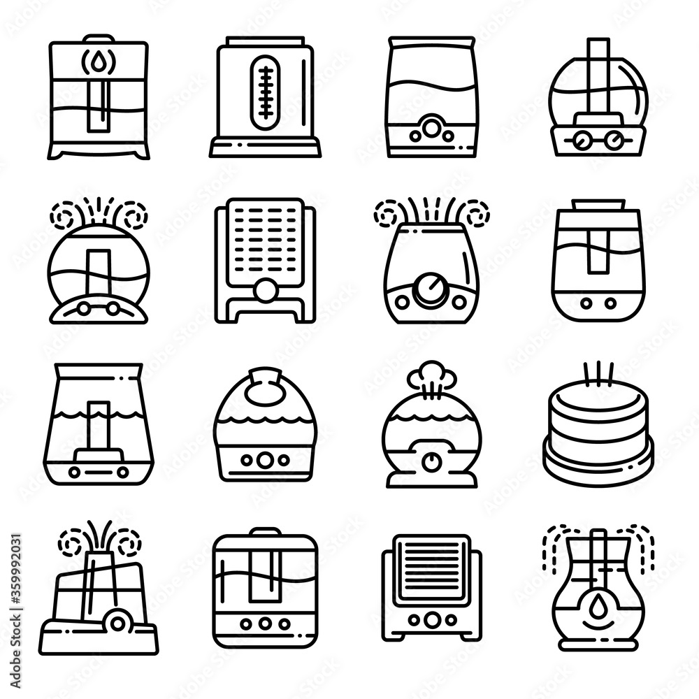Poster humidifier icons set. outline set of humidifier vector icons for web design isolated on white backgr