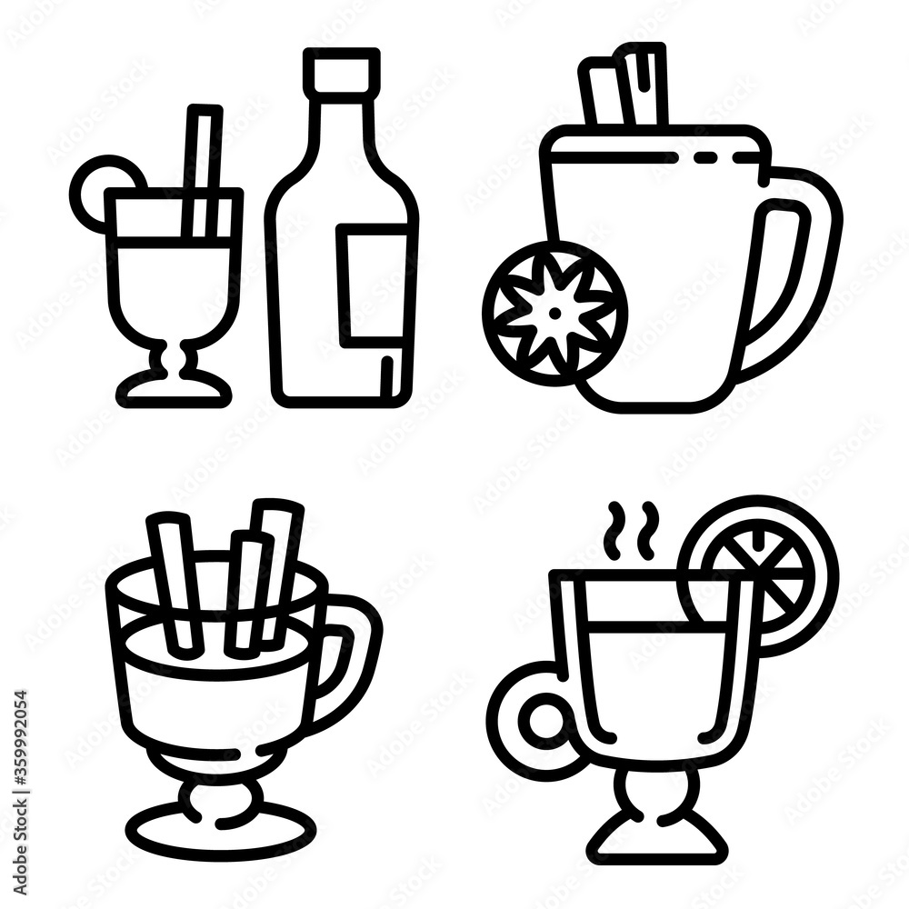 Poster mulled wine icons set. outline set of mulled wine vector icons for web design isolated on white back