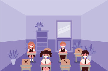Obraz premium Girls and boys kids on desks with medical masks at classroom design, Back to school and social distancing theme Vector illustration