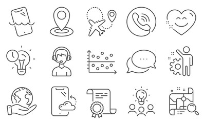 Set of Technology icons, such as Location, Smartphone waterproof. Diploma, ideas, save planet. Employee, Time management, Search map. Smartphone cloud, Airplane, Consultant. Vector
