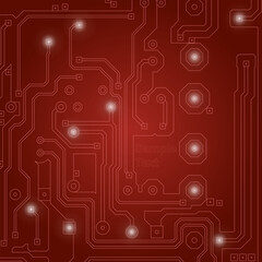 Abstract high tech red background with a circuit board texture. Vector technological Illustration.