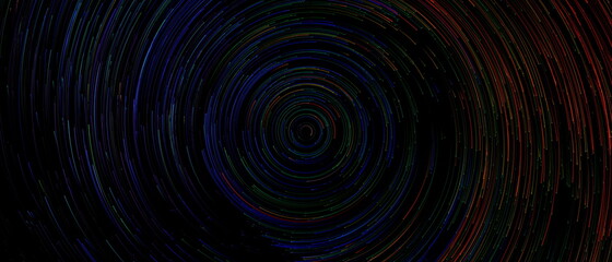 Abstract colorful circular lines on dark blue background, copy negative space, radial moving flow glow, optical art, 3d illustration