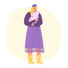 A woman holds a small pig in her arms. Love to the animals.