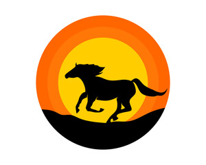 Running horse with sunset background