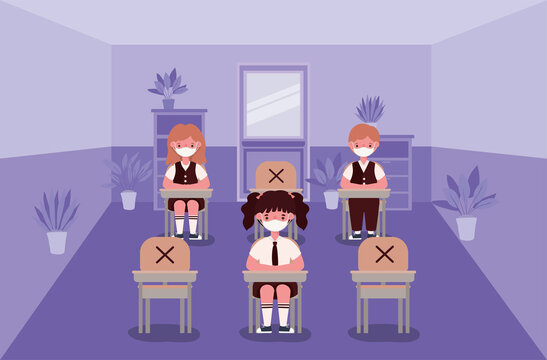 Girls and boy kids on desks with medical masks at classroom design, Back to school and social distancing theme Vector illustration