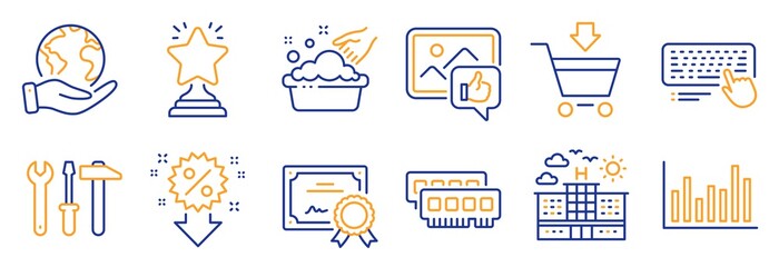 Set of Business icons, such as Ram, Hand washing. Certificate, save planet. Hotel, Winner, Discount. Online market, Bar diagram, Computer keyboard. Spanner tool, Like photo line icons. Vector