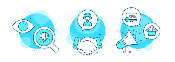 Air balloon, Send box and Seo line icons set. Handshake deal, research and promotion complex icons. Consultant sign. Sky travelling, Delivery package, Search engine. Call center. Vector