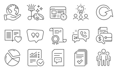 Set of Technology icons, such as Quote bubble, Checked calculation. Diploma, ideas, save planet. Love book, Comments, Reload. Pie chart, Group, 24h service. Vector