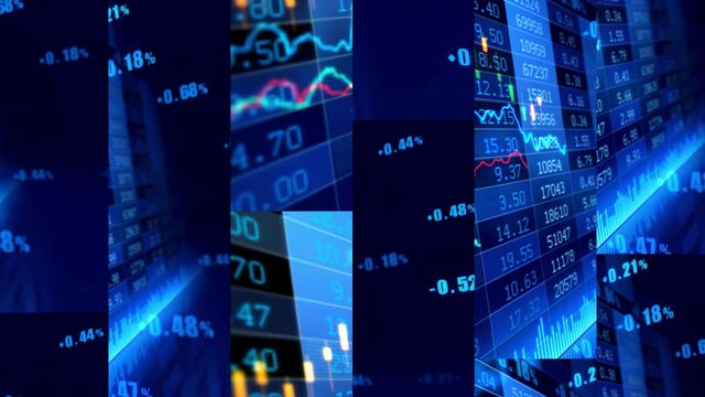 A multi-tile screen of stock exchange trading tickers flowing in real-time - seamless looping.