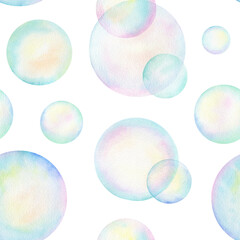 A seamless pattern. Watercolor soap bubbles on a white background. Concept for printed materials and textiles. Gift wrapping paper.