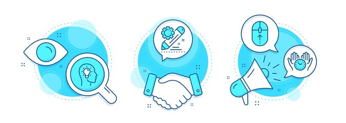 Idea head, Safe time and Swipe up line icons set. Handshake deal, research and promotion complex icons. Project edit sign. Lightbulb, Hold clock, Scrolling page. Settings. Science set. Vector