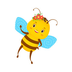 Cute cartoon smiling bee with red flowers. Children s illustration. Isolated on a white background.