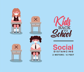 Girls kids on desks with medical masks design, Back to school and social distancing theme Vector illustration