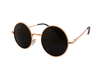 Street style oval sunglasses with thin golden metal frame, clear brown lens, isolated on white...