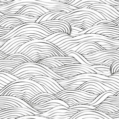 Ocean Waves seamless pattern. Coloring book page for adult and children. Hand-drawn, Black and white Sea Waves. Doodle, vector design element.