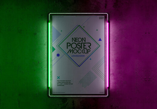 Metal Frame Poster with Neon Lights Mockup