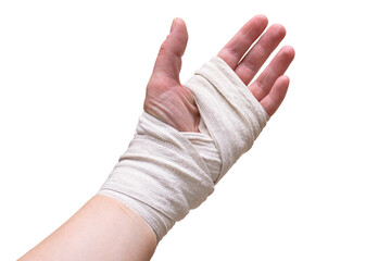 Bandaged broken hand palm up. Isolated on a white background. 