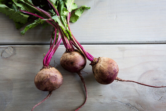 Rustic beetroots on a grey wood table