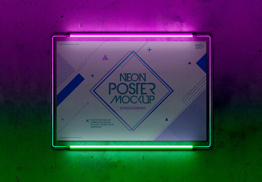 Metal Frame Poster with Neon Lights Mockup