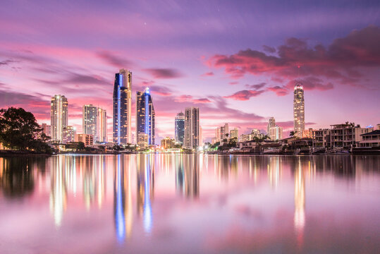 Surfers Paradise skyline during a pink pre sunrise dawn.