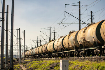 Transportation of crude oil in barrels by rail.