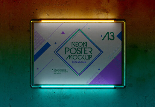 Metal Frame Poster with Neon Lights Mockup