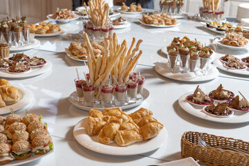 Luxury catering, a snack table, bread sticks, desserts, rolls. Mini chicken burgers with cheese and tomatoes on a white plate.