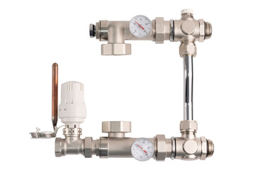 Floor heating mixing group with direct radiator tap. Without electronic pump. Isolated on white...