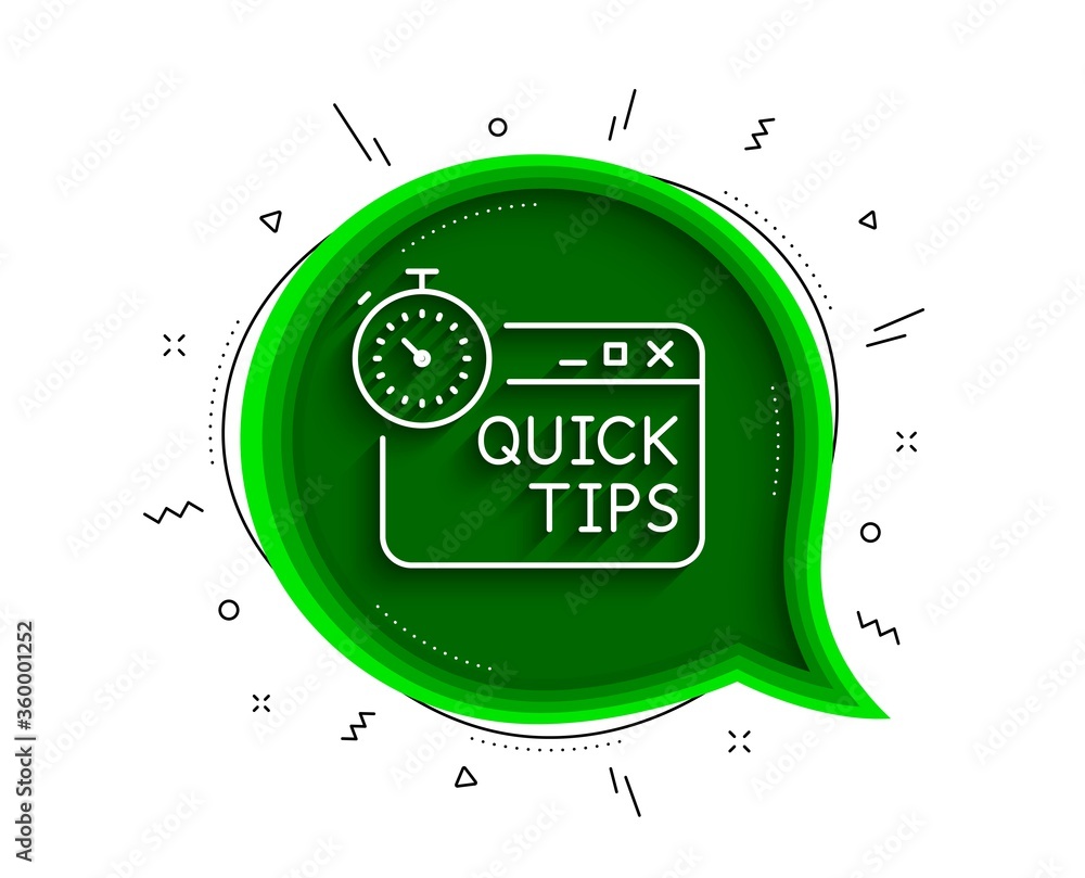 Poster quick tips line icon. chat bubble with shadow. helpful tricks sign. tutorials with timer symbol. thi