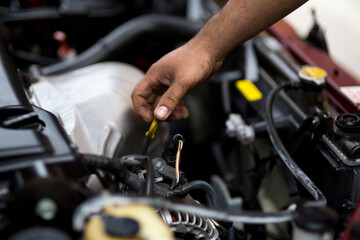 A mechanic inspects the oil level on the dipstick during a routine car service.