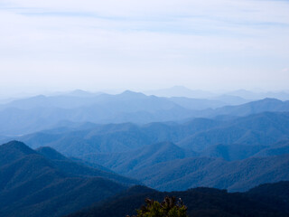 Blue hills receding into the distance with a blue sky