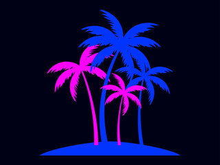Palm trees in blue and pink. Fashionable color trends for printing, advertising and printing. Summer time 80s retro sci-fi. Vector illustration