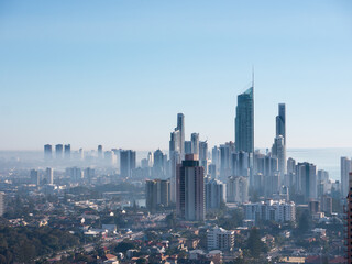 Surfers Paradise in the distance with bushfire smoke
