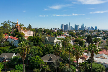 Aerial shot of Echo Park with Los Angeles skyline in the background