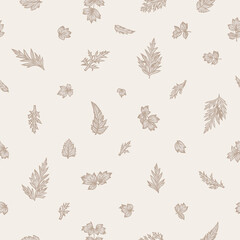 Seamless pattern with leaves. Vector botanical illustration. Beige background.