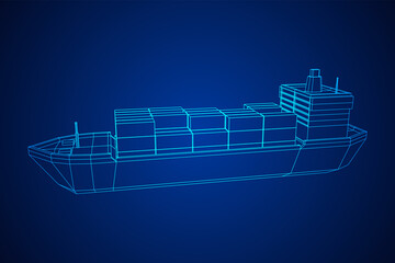 Heavy dry cargo ship of bulk carrier with freight containers. Wireframe low poly mesh vector illustration.