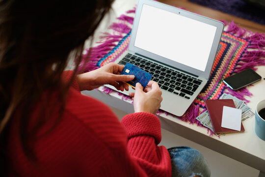 Young woman making online shopping with her laptop sitting on the sofa in the living room