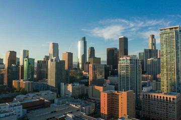 Fototapeta na wymiar Aerial, drone view of Los Angeles downtown center during sunset in California
