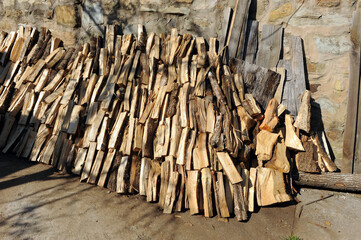 Firewood cut and stored for the winter in a house in Laza, village of the province of Ourense, Galicia, Spain