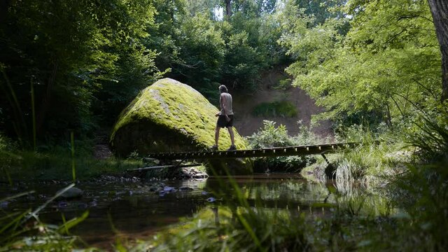Man visiting an ancient sacred place with glacial hera erratic stone