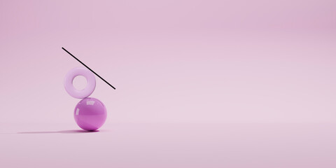 Ball, torus and stick. Minimalistic background with pink objects. Balancing composition from figures.