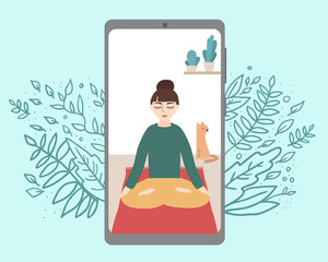 Women sitting in yoga pose on Phone display. vector stock illustration of online yoga. Woman doing yoga on screen. Flat UI for application. Digital yoga lesson concept. Online meditation.