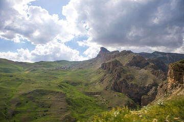 Beautiful landscape in the mountains at summer in daytime. Mountains at the sunset time. Azerbaijan, Caucasus. Khinalig