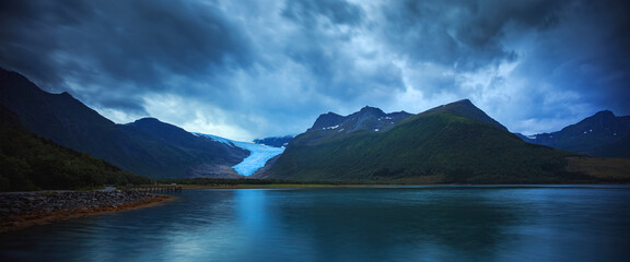 Svartisen Glacier landscape in Norway before storm