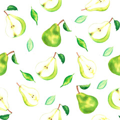Seamless pattern with hand painted watercolor pears on white background. Wallpaper, fabric design.