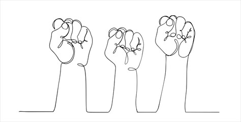 Continuous line, drawing of Raised Fist. continuous line drawing of fist hands. One hand drawn minimalism rebel, freedom and protest theme. Vector.