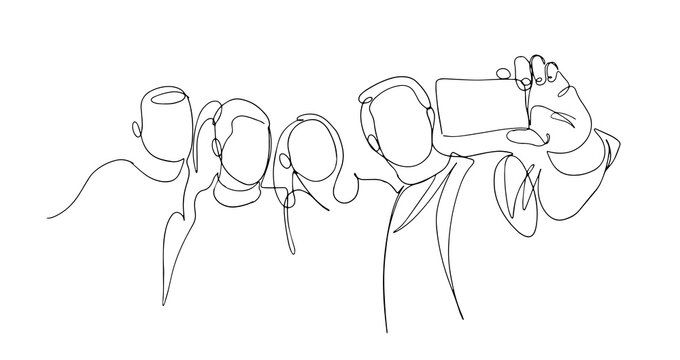 Continuous one line drawing of group people selfie. Man and women taking a picture with smartphone to capture moment vector minimalism simplicity design. Group photo one line vector drawing. Vector.