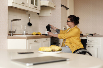 Young Woman On Wheelchair With Brewed Coffee