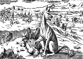 gravure ancienne du XVIII siècle montrant la bête du gévaudan ayant tué une jeune fille