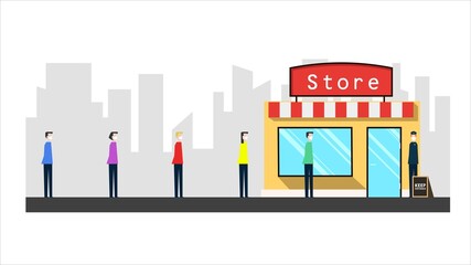 People standing line queue to shop,queue to the store minimalistic illustration Social distancing. Preventive measures. Steps to protect yourself. Keep the distance. Vector.